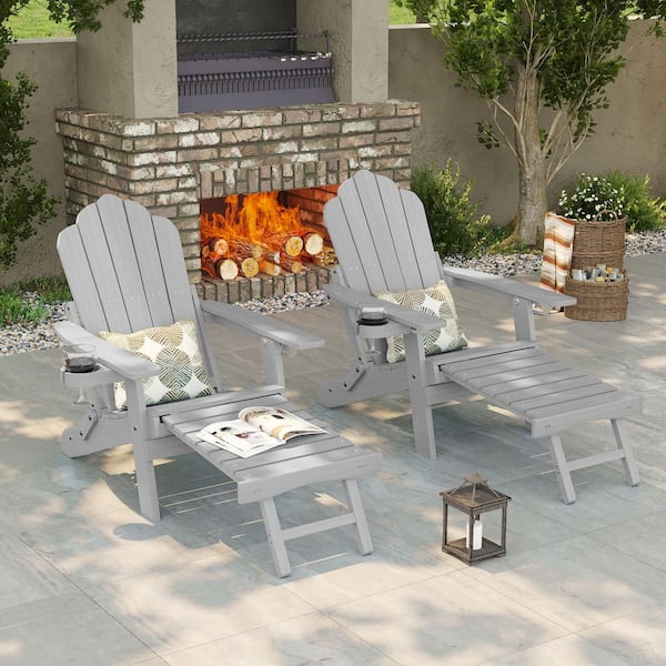 Light Gray Folding Adirondack Chair with Retractable Ottoman Fire Pit Patio Chair with Cup Holder (2-Pack)