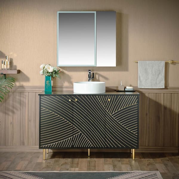 48 in. W x 22 in. D Single Ceramic Vessel Sink Freestanding Bath Vanity in Black with Black Sintered Stone Vanity Top