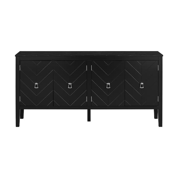 Unbranded Black Wood Four-Door Outdoor Side Table with Geometric Line Patterns, Vintage Metal Handles for Living Rooms, Entrance