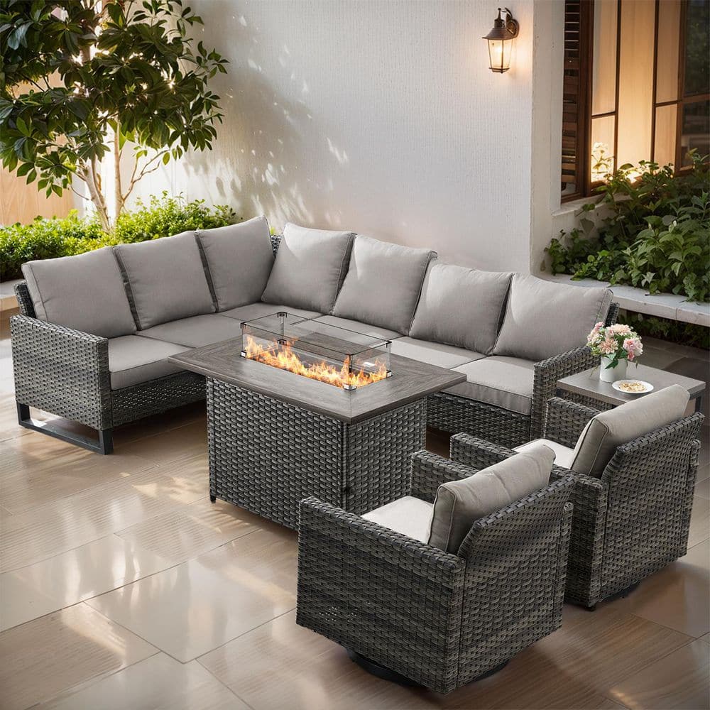 7-Piece Gray Wicker Fire Pit Conversation Set with Olefin Beige Cushions and Sectionsal Sofa/ Patio Swivel Chairs price history on PriceWatchPro