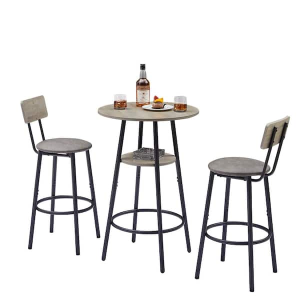 3 Piece Round bar stool set with shelf, upholstered stool with backrest Grey， Seats 2