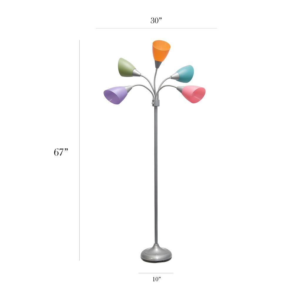 67" Silver Multi-Head Adjustable Gooseneck Floor Lamp with Multicolor Shades