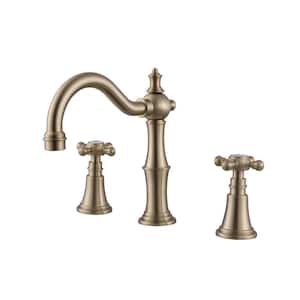 8 in. Widespread Double Handle Bathroom Faucet with Rotating Spout Modern 3 Hole Brass Bathroom Sink Tap in Brushed Gold