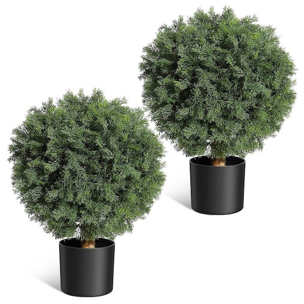 Unbranded 2 Pieces 24 in. Fake Topiary Bush Potted Artificial Topiary Cedar Ball Tree in Black Pot Faux Shrubs for Porch Decor