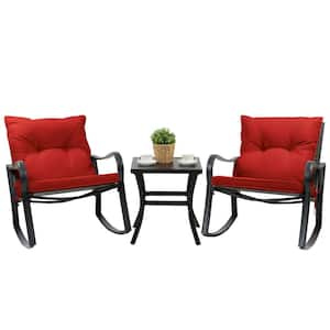 3-Piece Metal Outdoor Bistro Set Rocking Chairs with Burgundy Cushions