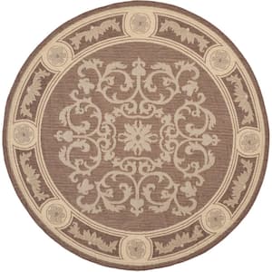 Courtyard Chocolate/Natural 5 ft. x 5 ft. Round Floral Indoor/Outdoor Patio  Area Rug