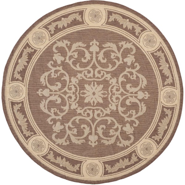 SAFAVIEH Courtyard Chocolate/Natural 5 ft. x 5 ft. Round Floral Indoor/Outdoor Patio  Area Rug