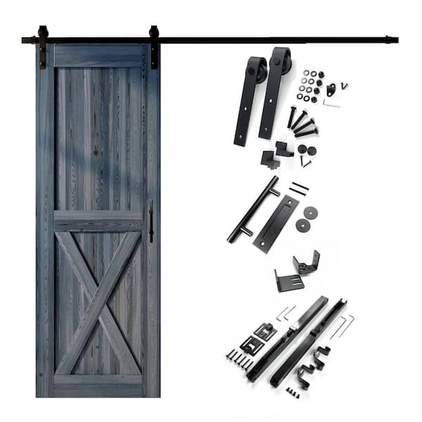 HOMACER 30 in. x 96 in. X-Frame Navy Solid Pine Wood Interior Sliding Barn Door with Hardware Kit, Non-Bypass