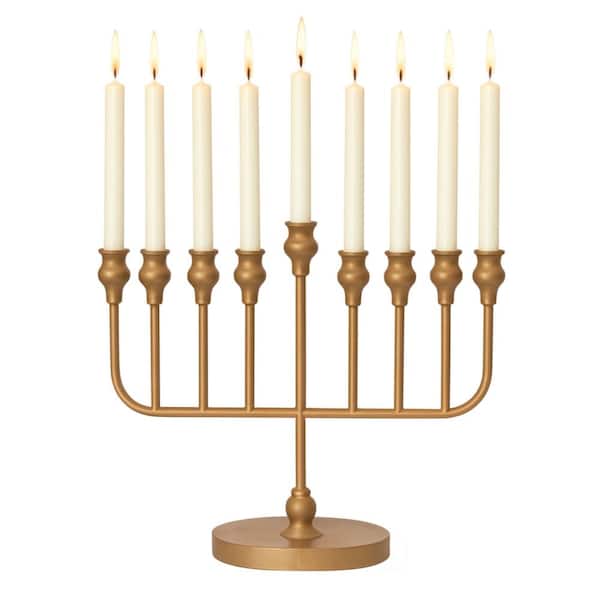 14 in. Gold 9-Branch Hanukkah Menorah Holiday Candles with Elegant Mid-Century Design 1-Pack