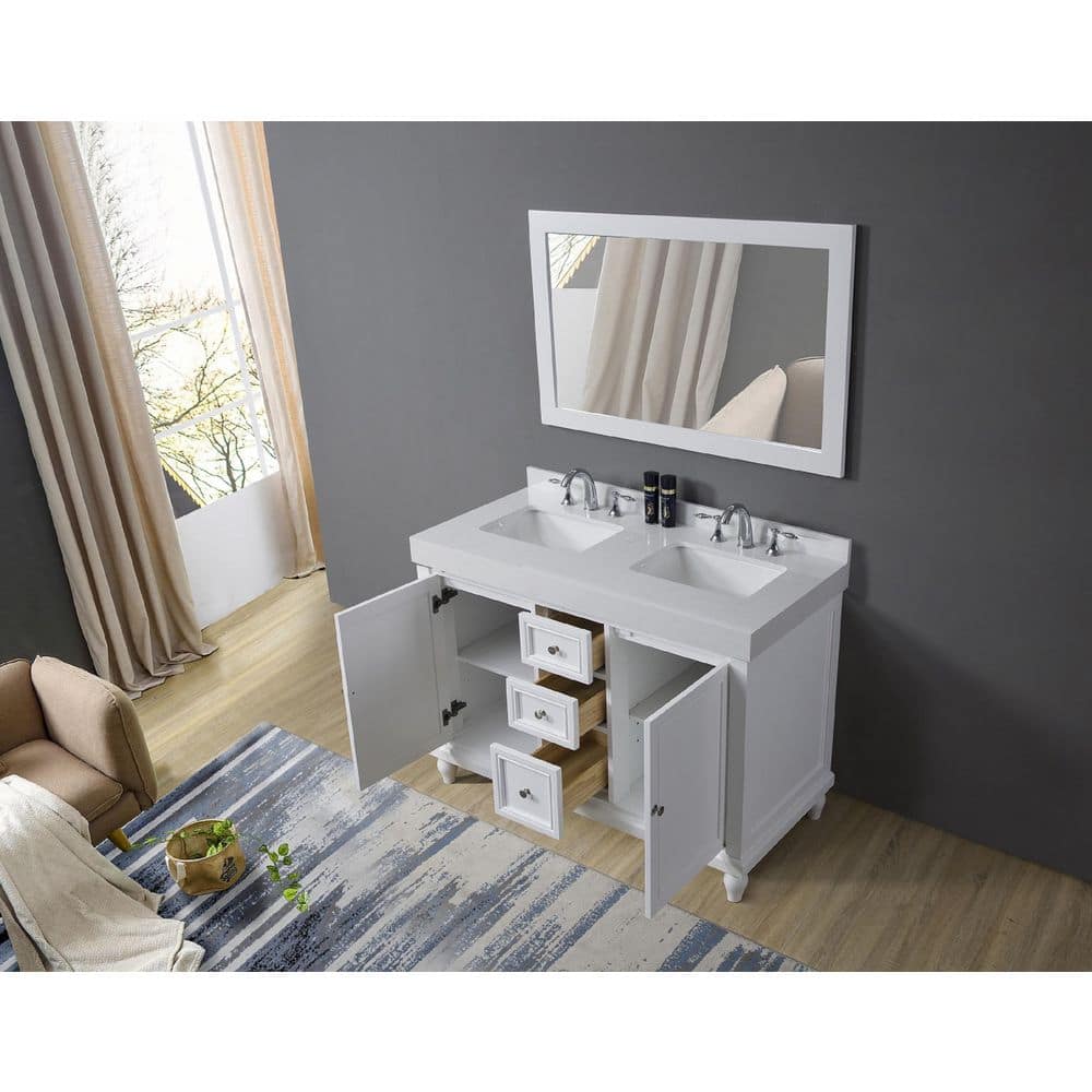 48-Inch White Wood Double Sink Vanity with Marble Top and Mirror