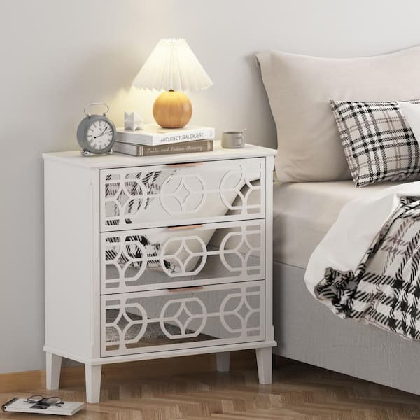 FUFU&GAGA 26 in W. x 28.5 in H. x 11.8 in D White Rectangle MDF End Table with 3-Mirrored-Drawer