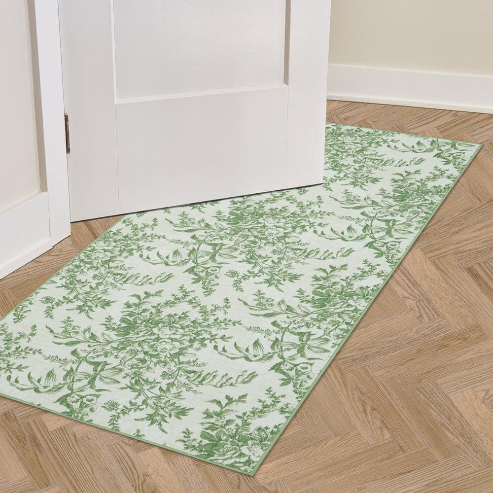 Sage Green and Ivory Floral Chenille Washable Runner Rug Set