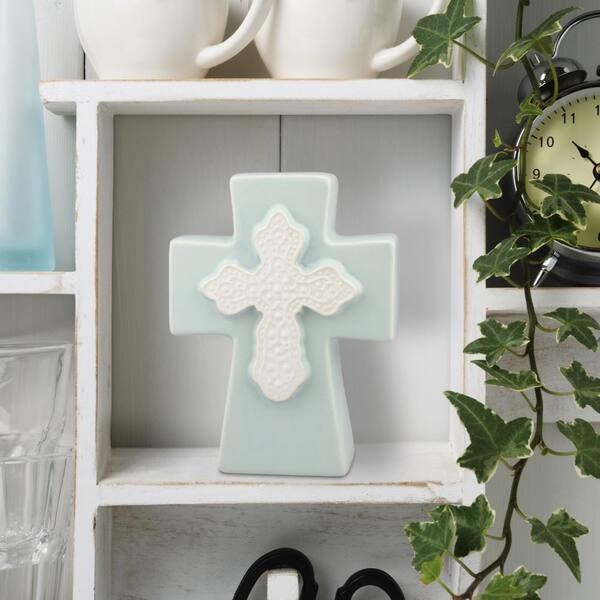 Stonebriar Collection 5 in. x 7 in. Pale Ocean Ceramic Thick Cross with White 3D Details Cross
