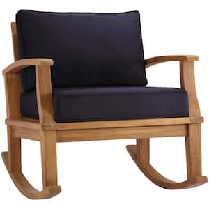 Marina Natural Teak Outdoor Rocking Chair with Navy Cushions