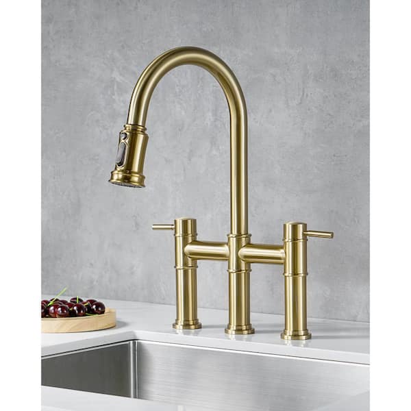 3-Hole 8 in. Double Handle Brass Bridge Kitchen Faucet with 3-Mode Pull Down Sprayer and Supply Lines in Gold