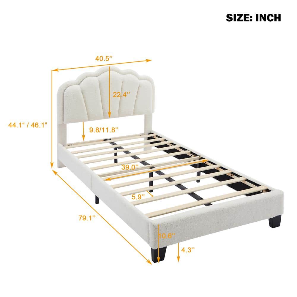 White Sherpa Fabric Upholstered Twin Platform Bed with LED Flower Headboard