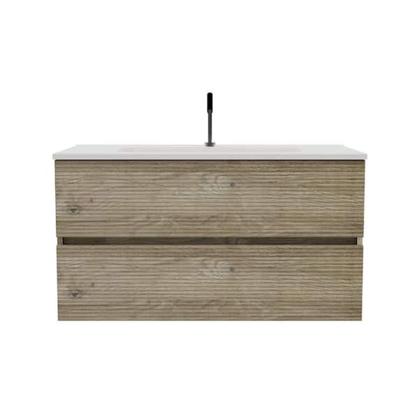 Glory 36 in. Single Sink Wall Mounted Natural Oak Bath Vanity with White Integrated Ceramic Top Sink