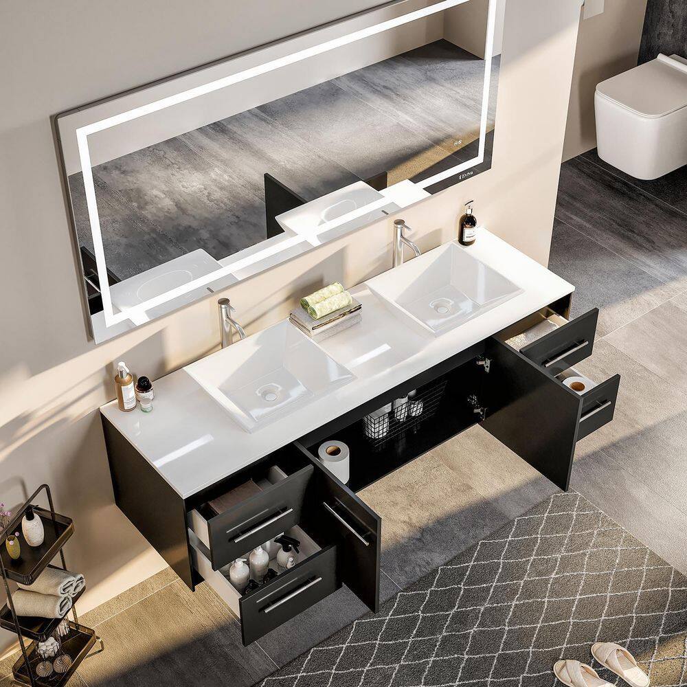 Espresso Modern Double Sink Wall-Mount Bathroom Vanity with White Stone Top
