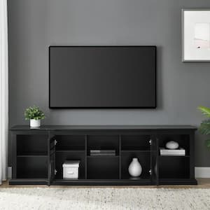 80 in. Black Transitional Wood and Glass-Door TV Stand with Cable Management (Max tv size 88 in.)