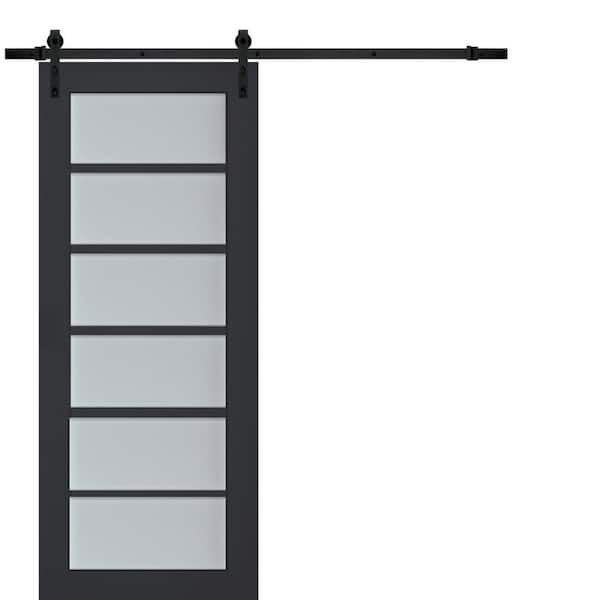 42 in. x 84 in. 1 Panel Frosted Glass Antracite Solid Wood Sliding Barn Door with Hardware Kit