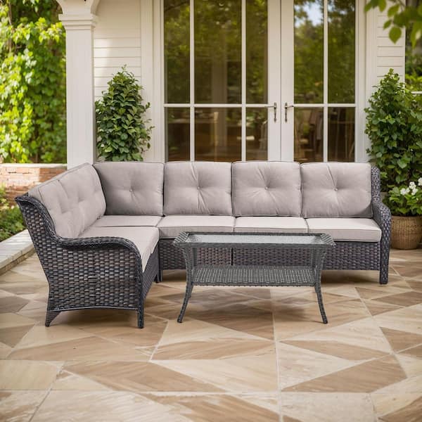 3-Piece Brown Wicker Patio Conversation Set with Olefin Beige Cushions/L-Shaped Sofa with Tempered Glass Coffee Table
