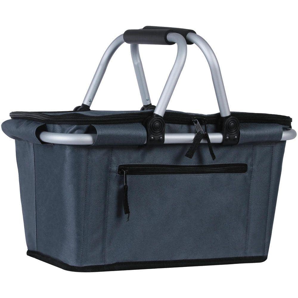 Dark Grey Aluminum Insulated Collapsible Picnic Basket with Lid and Handles, 27 L Folding Basket for Food