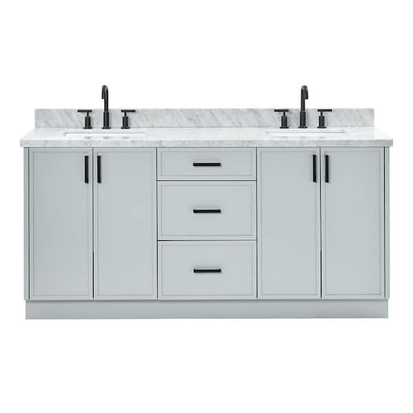 Kelly 72 in. Double Sink Freestanding Bathroom Vanity in Gray with Carrara White Marble Top