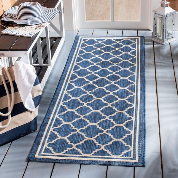 Courtyard Navy/Beige 2 ft. x 14 ft. Geometric Moroccan Indoor/Outdoor Patio  Runner Rug