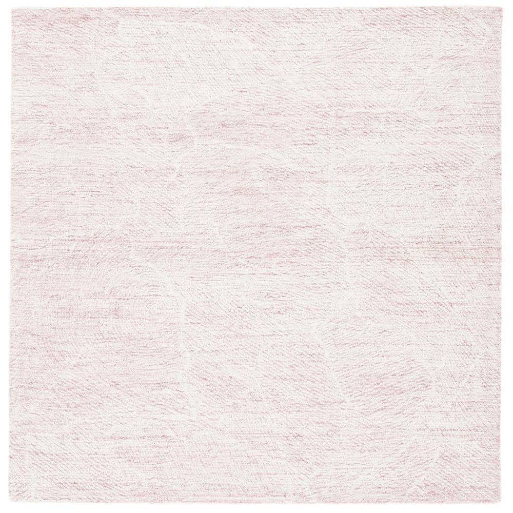 Ivory and Pink Hand-Tufted Wool Floral Square Rug