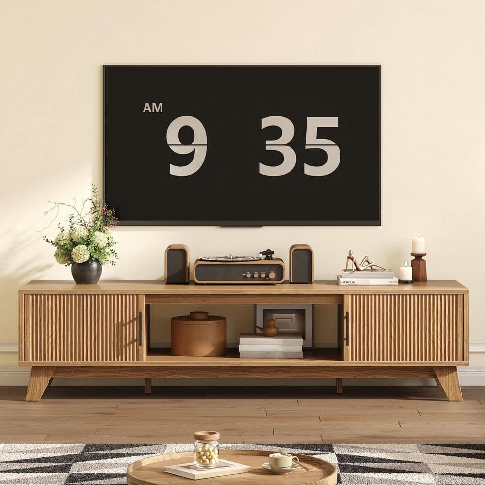 Bestier 70 in. Mid-Century Modern Brown Oak Wood TV Stand Fits TVs