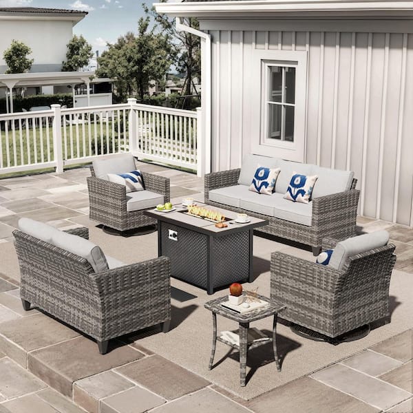 XIZZI Jupiter 6-Piece Wicker Outdoor Patio Fire Pit Seating Sofa Set and with Gray Cushions and Swivel Rocking