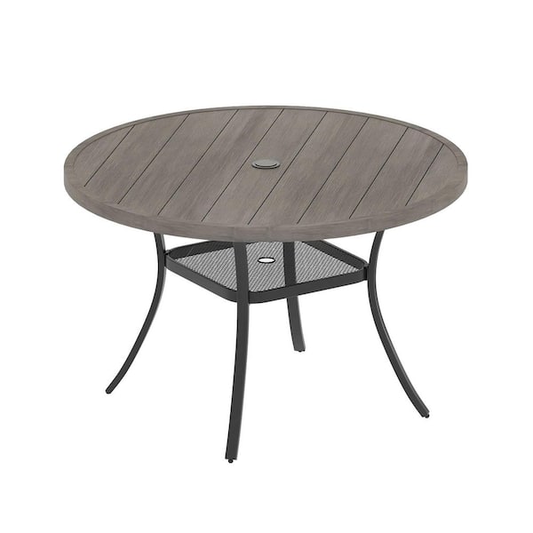 Gray Metal 47 in. All Weather Round Outdoor Dining Table with 1.57 in.-1.90 in. Umbrella Hole for 6 People