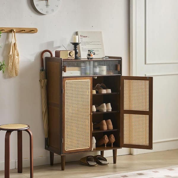 Ventilated Bamboo Shoe Storage Cabinet 5-Tier Entryway Organizer with Rattan Doors
