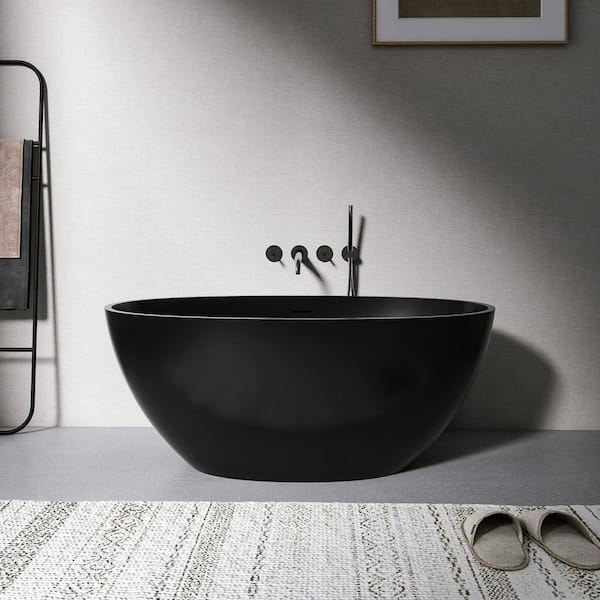 Boosicavelly 55 in. x 30.70 in. Solid Surface Freestanding Soaking Bathtub with Black Overflow and Center Drain in Matt Black