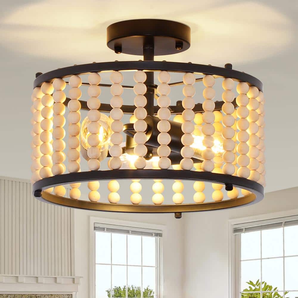 12.6 in. 3-Light Black Farmhouse Wood Beaded Shade Semi-Flush Mount Ceiling