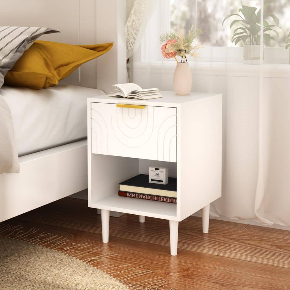 Larissa Modern White 22.83 in. H Nightstands with Drawer, Open Shelf, Gold Handle