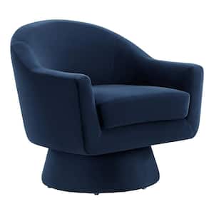 Astral Performance Velvet Fabric and Wood Swivel Chair in Midnight Blue