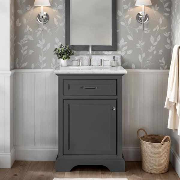 Windlowe 24 in. Single Sink Gray Bath Vanity with White Carrara Marble Top (Assembled)