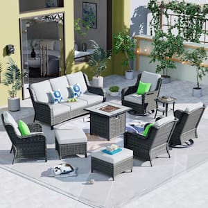 New Kenard Gray 9-Piece Wicker Patio Fire Pit Conversation Set with Gray Cushions and Swivel Rocking Chairs
