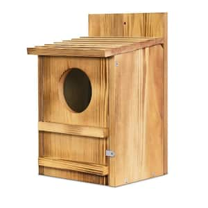 Owl Bird Box Large Handmade Wooden Circular Opening Screech Box Outside with Mounting Screws and A Bag of Wood Shavings