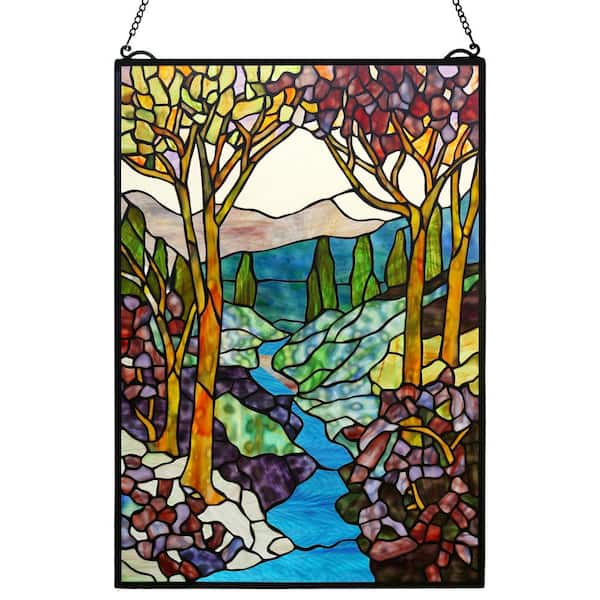 Dale Tiffany Landscape 26 in. x 18 in. Wall Art Decor / Suncatcher with Hand Rolled Art Glass Style