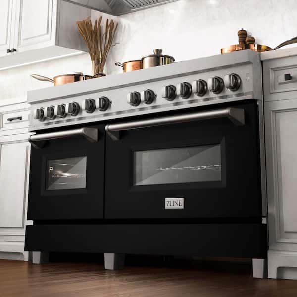 60 in. Legacy Dual Fuel Range with 9 Burners and 2 Electric Ovens in Satin Stainless Steel and Black Matte Doors