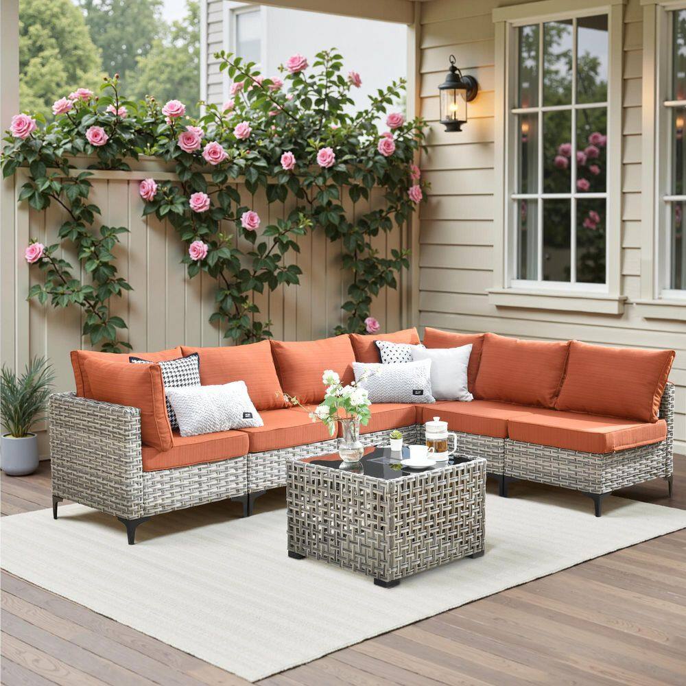 Holston 7-Piece Wicker Modern Outdoor Patio Conversation Sofa Sectional Set with a LED Table and Orange Red Cushions price history on PriceWatchPro