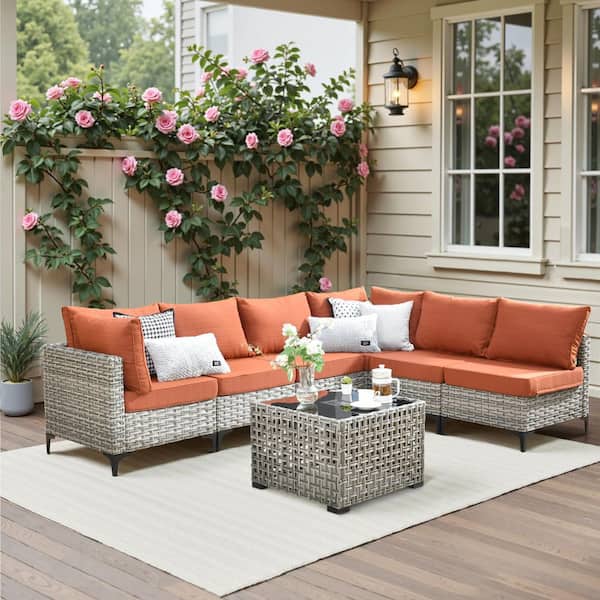 HOOOWOOO Holston 7-Piece Wicker Modern Outdoor Patio Conversation Sofa Sectional Set with a LED Table and Orange Red Cushions