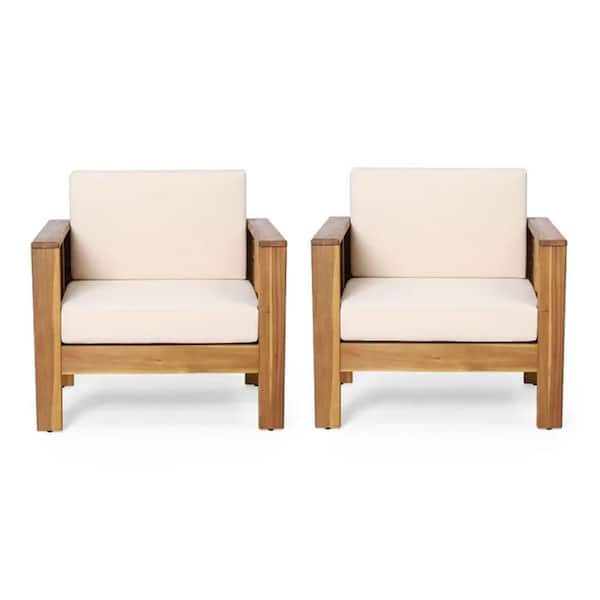 Brown Wood Outdoor Lounge Chair Club Chairs with Beige Cushions (2-Pack)