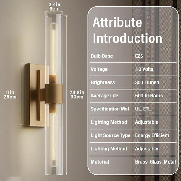 yuyuページ YUYI 24.8 in. 2-Light Antique Gold Wall Sconce, Vanity light