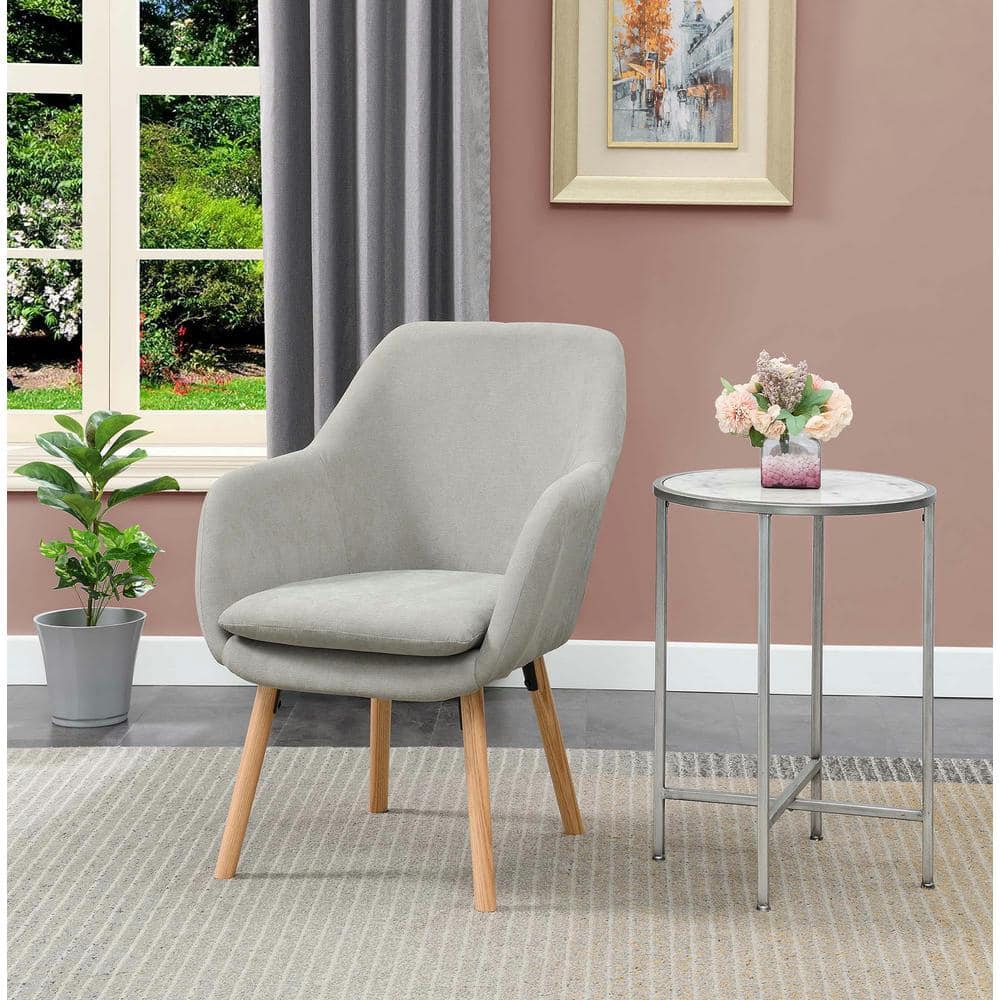 Pewter Gray Linen and Velvet Wingback Accent Chair with Oak Legs