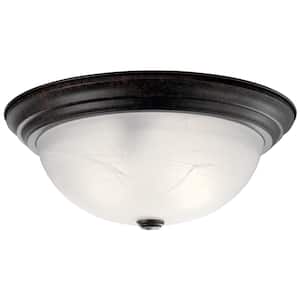 Independence 15.25 in. 3-Light Tannery Bronze Traditional Hallway Flush Mount Ceiling Light with Alabaster Swirl Glass