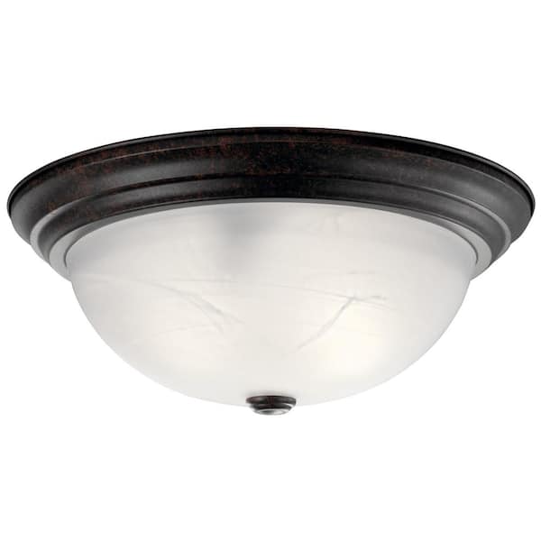 KICHLER Independence 15.25 in. 3-Light Tannery Bronze Traditional Hallway Flush Mount Ceiling Light with Alabaster Swirl Glass