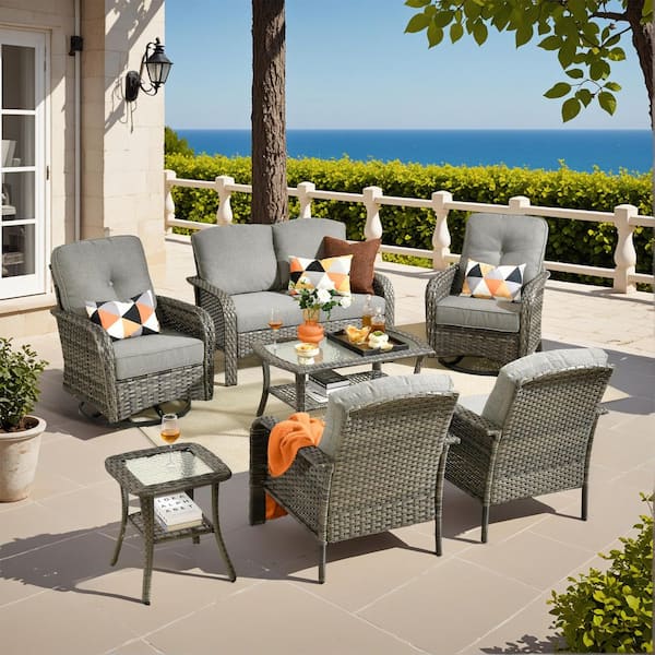 weaxty W Lily Gray 7-Piece Wicker Outdoor Patio Conversation Seating Set W/ Swivel Rocking Chair Coffee Table & Dark Gray Cushion